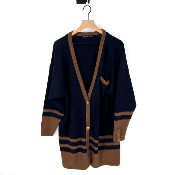 Louis Feraud Navy Blue Brown 100% Wool Button Down Long Line Cardigan Size US 12 - Picture 1 of 10